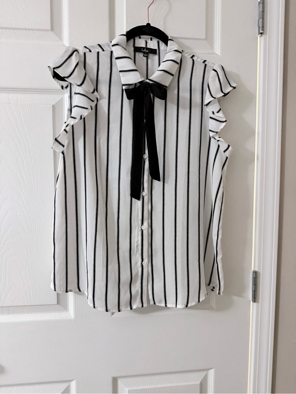 Lulu's White Blouse with Black Stripes and Bow Tie